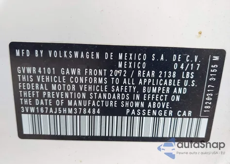 2017 Volkswagen Jetta 1.4T S from USA, damaged, VIN 3VW167AJ5HM378484